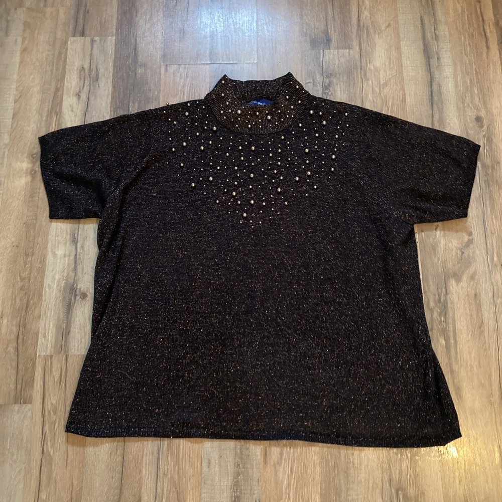 Susan Graver Womens Sweater Size 2x Black Metallic Beaded Short Sleeve Elegant